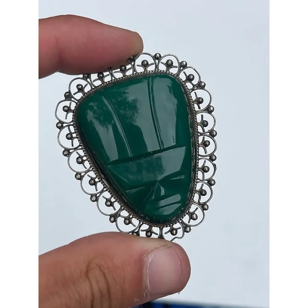 Vintage Mexican Carved Green Onyx Mask Brooch - Sterling Silver .80 Troy Oz